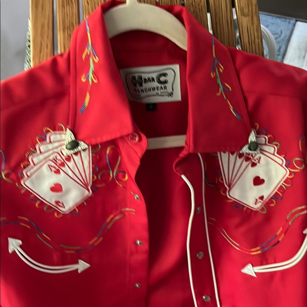 Red Casual Button Down Shirt with Embroidered Card Motifs